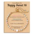 Close-up of an adjustable beaded bracelet featuring natural rose quartz crystals - 16th Birthday Moonstone (Model 2)