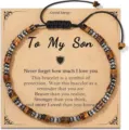 Macro detail of tiger eye and hematite beaded bracelet with gift message card for son - To My Son Tiger Eye Inspirational Bracelet (Model 2)