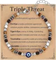 Handmade adjustable Tiger's Eye and Evil Eye protection bead bracelet on display card - Triple Threat Natural Stone