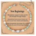 Beaded natural stone bracelet with silver heart charm and gift card - New Beginnings Theme (Green & Silver)