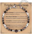 Adjustable triple protection beaded bracelet featuring obsidian and hematite stones - Triple Protection Theme (Obsidian)