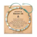 Adjustable natural amazonite beaded bracelet with silver heart charm for Sweet 16 birthday - Happy Sweet 16 Birthday Style / Cyan