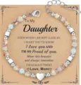 Handmade natural stone beaded bracelet with heart charm and daughter gift card - To My Daughter Natural Stone Heart Pendant Bracelet