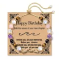 Adjustable natural tiger eye and amethyst beaded wave charm bracelet with gift card - Happy Birthday - Gold Beaded Style