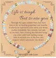 Handmade adjustable natural stone bead bracelet with healing energy message card backing - Inspirational Quote (Life is tough but so are you) / Grey Blue