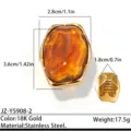 Bague en résine ambre vintage en acier inoxydable pour femmes, bijoux de mode plaqués or. - Style Résine Nacre Blanc Lait (JZ-YS908-2) / Bague Ouverte Plaqué Or 18K