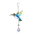Vista dettagliata del colibri in metallo colorato acchiappasole con ciondolo cristallo. - Cristallo da appendere 35*17 cm / Uccello Azzurro