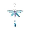 Detailed view of the metal and glass dragonfly wind chime, showing exquisite blue painted wings. - Blue Dragonfly Bell / Hanging 30cm