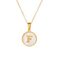 Collier lettre F en acier titane doré avec pendentif rond coquillage blanc pour femme bijou - Lettre F