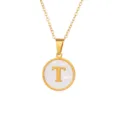 Collier pendentif rond blanc en acier doré avec lettre T pour femme style chic élégant - Lettre T