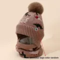 Kids winter knit hat and scarf set with cute dinosaur pattern and warm fleece lining. - Khaki