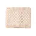 Close-up detail of beige knit neck warmer showing textured woven pattern and ribbed collar. - Beige