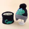 Kids winter dinosaur knit beanie and neck warmer set thick plush lined warm detail view - Black