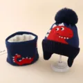 Kids winter warm knitted beanie hat and neck warmer set featuring cute red dinosaur pattern. - Navy Blue