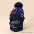 Kids winter fleece lined dinosaur knitted hat and neck warmer set with pom pom blue - Navy Blue