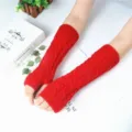 Red cable knit fingerless gloves winter arm warmers soft acrylic cozy wrist sleeves - Red