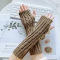 Brown cable knit fingerless gloves, winter warm arm warmers and wrist guards for women. - Khaki