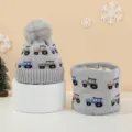 Children knitted hat scarf set grey cute cartoon cars winter warm kids beanie neck warmer - Car Set - Grey