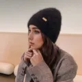 Black knitted beanie for women, cozy winter warm hat, stylish cap for outdoor travel. - One Size / Black