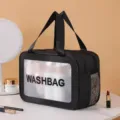 Grande borsa da toeletta nera impermeabile borsa per cosmetici da viaggio per accessori - Doppio Strato Doppia Maniglia / Taglia L / Nero