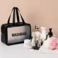 Bolsa de aseo de viaje impermeable monocapa grande negra, neceser de maquillaje portátil. - Capa Simple Doble Asa / L / Negro