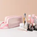 Bolsa de cosméticos transparente de una capa rosa mediana, organizador de viaje portátil. - Capa Simple Asa Única / M / Rosa
