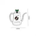 Detailed view of the cute coffee pot shaped enamel pin with green sprout and coffee bean. - YH1601# Style / Without Card