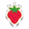 Close-up detail of the strawberry shaped metal cookie cutter with vibrant red and green enamel. - Strawberry