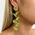 Long floral drop earrings with golden stud and translucent green resin petals for women. - Grass Green