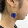 Blue dried flower resin earrings with gold foil and metal hook for daily wear and gift - 4#