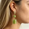 French vintage style resin square and round bead drop earrings with gold cowrie shell stud detail. - Green