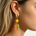 French vintage colorblock resin block drop earrings detail view, stylish statement jewelry. - Orange + Green