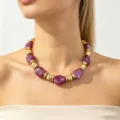 Chunky purple resin bead statement necklace gold metal spacer fashion jewelry detail shot - Purple