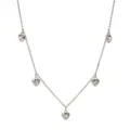 Close-up detail of the silver chain necklace featuring multiple sparkling crystal heart charms. - Silver Heart