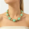 Chic resin beaded necklace, vibrant geometric mint green and gold summer vacation jewelry. - Green