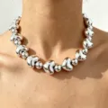 Chunky silver puffy heart and round bead statement necklace for women trendy jewelry stylish - 2#