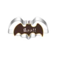 Stainless steel bat cookie cutter detail showing Halloween baking design with Boo text. - Bat 7266