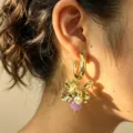 Chic metallic flower drop earrings with purple bead, trendy summer women jewelry. - Purple