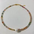 Handmade colorful gemstone beaded necklace with a central white pearl for women chic jewelry style - 3#