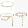 Detailed view of trendy multi-layer gold metal waist chains, adjustable body jewelry designs. - Three-Piece Set / Gold