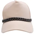 Close-up product details of stylish beige baseball cap with black rhinestone chain decor. - Black Hat Chain