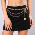 Gold multi-layer metal chain belt with coin pendant detail, perfect stylish waist accessory. - Gold