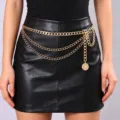 Multi-layer gold tone metal waist chain with coin pendant stylish body chain for women - Gold Waist Chain