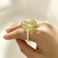 Groene bloemring met drie blaadjes en parels, fijn elastisch detail voor dagelijkse stijl. - 13#
