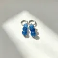 Blue natural stone bead detail earrings close-up, elegant unique hoop drop design. - Size 10 Silver