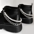 Black combat boots featuring stylish double-layer pearl and metal chain accessories. - Pearl Double Layer Aluminum Shoe Chain / Silver