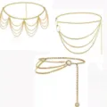 Gold multi-layer chain waist belt detail, punk style body jewelry accessory closeup view. - Set / Gold