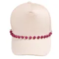 Close-up detail of rhinestone ball chain decoration on beige baseball cap, stylish accessory. - Rose Red