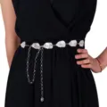 Silver leaf metal waist chain for women fashion body chain accessory detail view showcase. - 14 Leaves Waist Chain / White K/Silver
