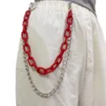 Close-up detail of a stylish double-layer pants chain featuring red plastic and silver metal. - Bright Red